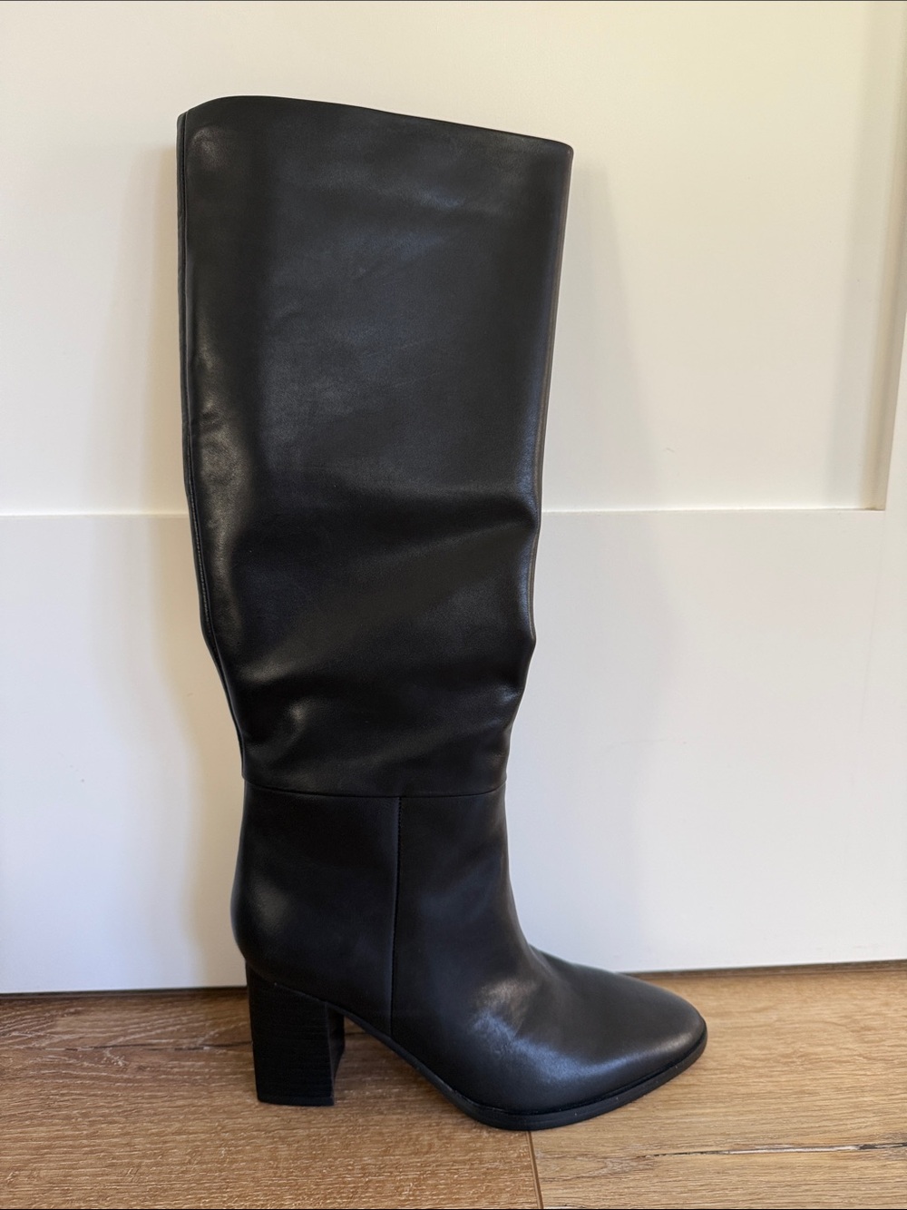 Black Knee High Leather Boots - Women's Block Heel